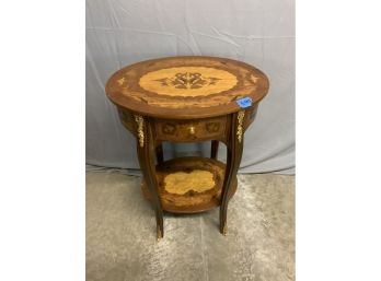 Burled Inlaid One Drawer Oval Stand