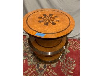 Round Three Tier Side Table With Star Inlaid Top And Birdseye Maple