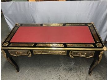 Ornate Flat Top Desk With Great Ormolu With Brass And Red Inlay Details