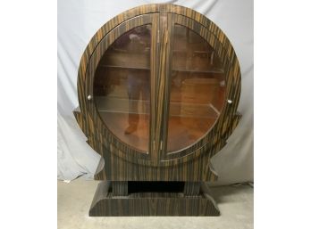 Round Two Door Zebra Wood Art Deco Style China Closet With Glass Shelves