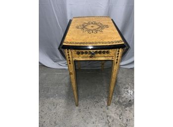 Hepplewhite Style Drop Leaf Burled Table With Hand Paint Decorations 2 Drawer
