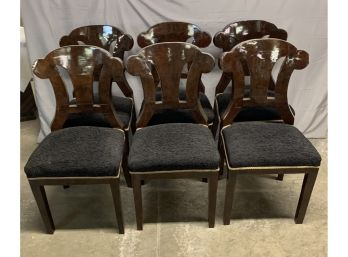Set Of 6 Burled Wood Dinning Chairs With Black Upholstery