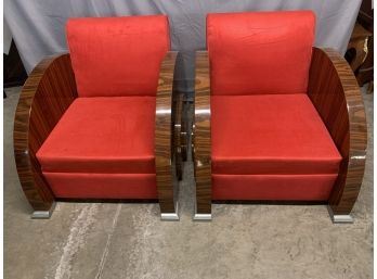 Pair Of Red Retro Style Arm Chairs With Silver Accents