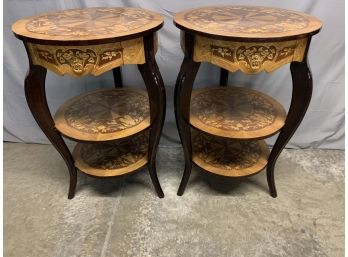 Pair Inlaid 1 Drawer Multi Tier Side Tables