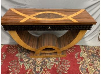 Burled Inlaid Hall Table With Zebra Wood Detail And A U Shaped Base