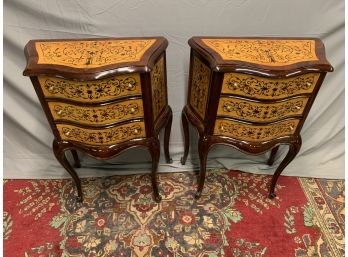Pair Of Burled Inlaid Black Decorated 3 Drawer Stands