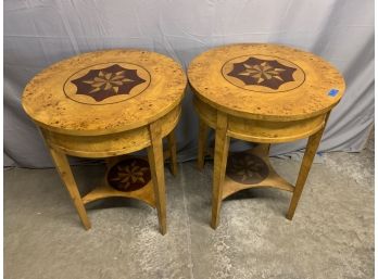 Pair Of Round Burled Inlaid Side Tables