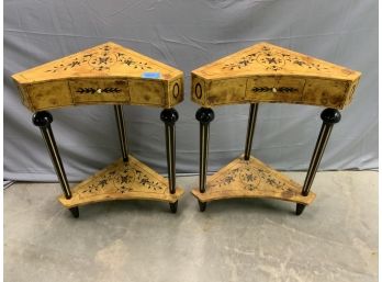 Pair Of Burled 1 Drawer Corner Side Tables With Black Accents
