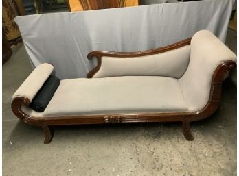 Chaise Lounge With Carved Base And Grey Upholstery