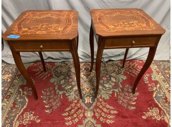 Pair Of Inlaid Top Square 1 Drawer Stands