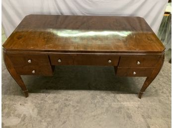 Burled Flat Top Writing Desk With 5 Drawers And Two Pull Out Writing Tabs