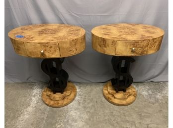 Pair Of $ Symbol 1 Drawer Burled Side Tables
