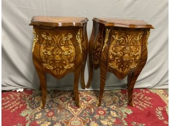 Pair Of Small Inlaid 3 Drawer Bombay Style Stands