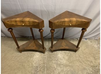 Pair Of Burled Corner Side Table With 1 Drawer