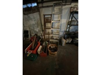Large Tool Lot Including An Aluminum Ladder, Wooden Ladder, Step Stools, Hand Tools, Carpentry Tools And More