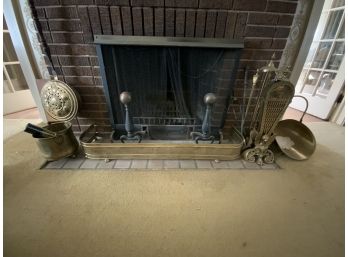 Entire Fireplace Set Including Andirons, Screen, Grate, Tools And Brass Wood Carrier, Etc.