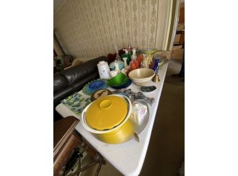 Large Lot Of Frankoma Pottery, Glassware, Jadeite, A Set Of Pyrex Nesting Bowls, Cocktail Shaker, Belleek, Etc