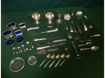 Mixed Sterling And Silver Plated Lot Including Rogers Weighted Cream And Sugar, English Master Salts, Etc