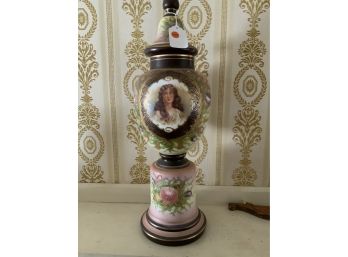 Bristol Style Glass Scenic Urn With Lid, Central Lady And Floral Motif