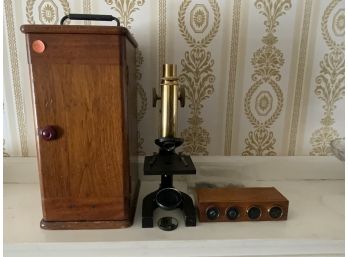 Brass And Cast Microscope In The Fitted Case With Bausch And Lomb Lenses