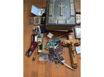 Religious Lot Including A Family Bible, Crucifixes, Rosary Beads And Other Related Items