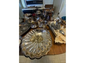 2 Table Lots Of Silver-plated Items Including Trays, Trivets, Punch Ladle, Silverware, Knife Sets, Bowls, Etc.