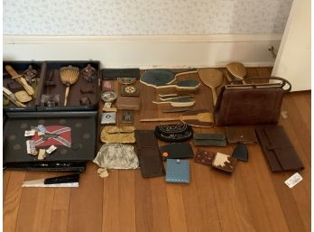 Vanity Lot Including Scarves, Hand Mirrors, Brushes, Stamps, And A Whiting Davis Mesh Purse, Wallets, Etc