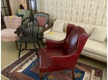 Grouping Of Upholstered Furniture Including Chairs, Couch, A Wing Chair And Brace Back Windsor Chair