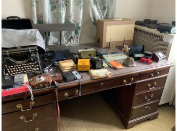 Vintage Office Lot Including A Mahogany Desk, Binoculars, Cameras, A Typewriter, Barometers And More