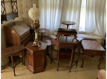 Assorted Vintage Furniture Including Hanging Shelves, Slant Front Desk, Hitchcock Stand And More