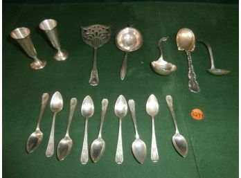 Mixed Lot Of Sterling Silver Items Including 2 Signed Boardman Silver Cordials, Sterling Strainer, Spoons, Etc