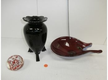 Art Glass Paperweight, Large Candy Dish And Black Amethyst Glass Footed Vase
