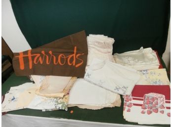 Linen And Textile Lot Including Harrods Textile, Sheets., Doilies, Table Scarf And More