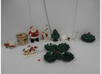Vintage Christmas Grouping Including Hard Plastic Full Bodied Santa, Fitz And Floyd Ceramics, Leftons China