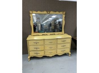 French Provencial Yellow Triple Dresser With Mirror, Very Ornate Pulls