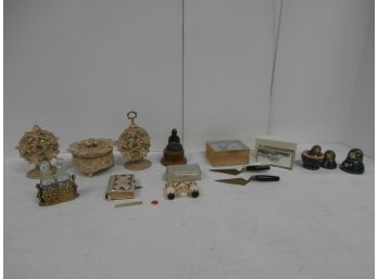 Vanity Pieces With Perfumes, Figural Cast Holder With Putti, Wooden Nesting Doll Set