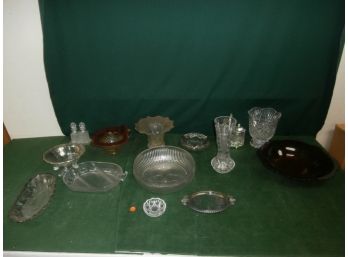 2 Waterford Crystal Vases, Large Signed Heisey Bowl, Silver Overlay, Ruby Glass Low Bowl And More
