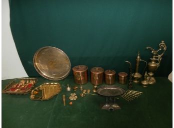 Brass And Copper Including Cannister Set, Flour, Sugar, Coffee And Tea, Brass Ewers, Bells, Candle Snuffer Etc