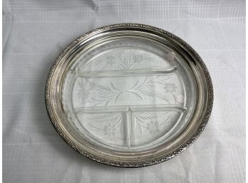 12 Inch Sterling Silver Banded Etched Divided Glass Tray