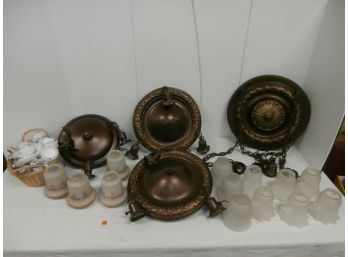 4 Vintage Ceiling Fixtures With Assorted Frosted Glass Shades And Bulbs