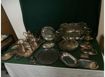 Silver Plate Lot Including Mixed Tea Coffee Service, Creamer, Sugar, Large Platters, Trays And Others
