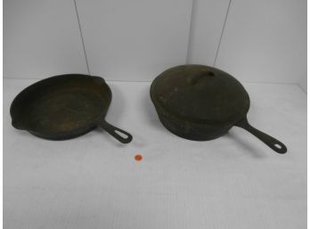 Signed Griswold Cast Iron Skillet And An Unsigned Cast Iron Covered Skillet