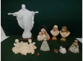Religious Lot Including Large Parian Ware Style Figure Of Jesus Plus Additional Statues Of Mary And Jesus, Etc