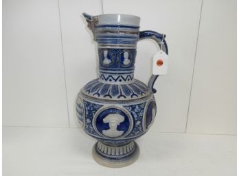 Large Cobalt Decorated Stoneware Pitcher With Low Relief Cameos