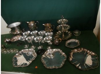 Large Silver Plated Lot Including International Silver Company 8 Signed Stems, 6 Napkin Rings And More