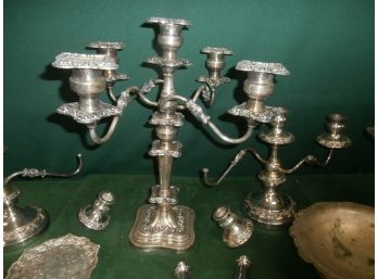 Silver Plated Multi Arm Candelabras Plus Footed Bowl, Brides Basket And More