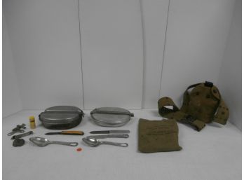Signed U.S.  E.A. Co. 1944 Army Issue Stainless Steel With Folding Handle Mess Kit, Case Pocket Knife And More