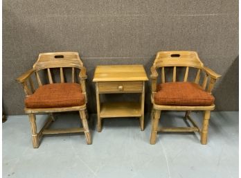 3 Piece Ranch Oak Lot Including 2 Captains Chairs With Original Cushions And  A 1 Drawer Side Table