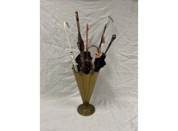 Brass Umbrella Stand With Assorted Umbrellas And Vintage Parasols
