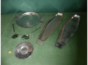 Fashion Stainless Rogers Product Of Japan Tray And Serving Spoon And Fork, Pair Of Unsigned Trays, Etc.